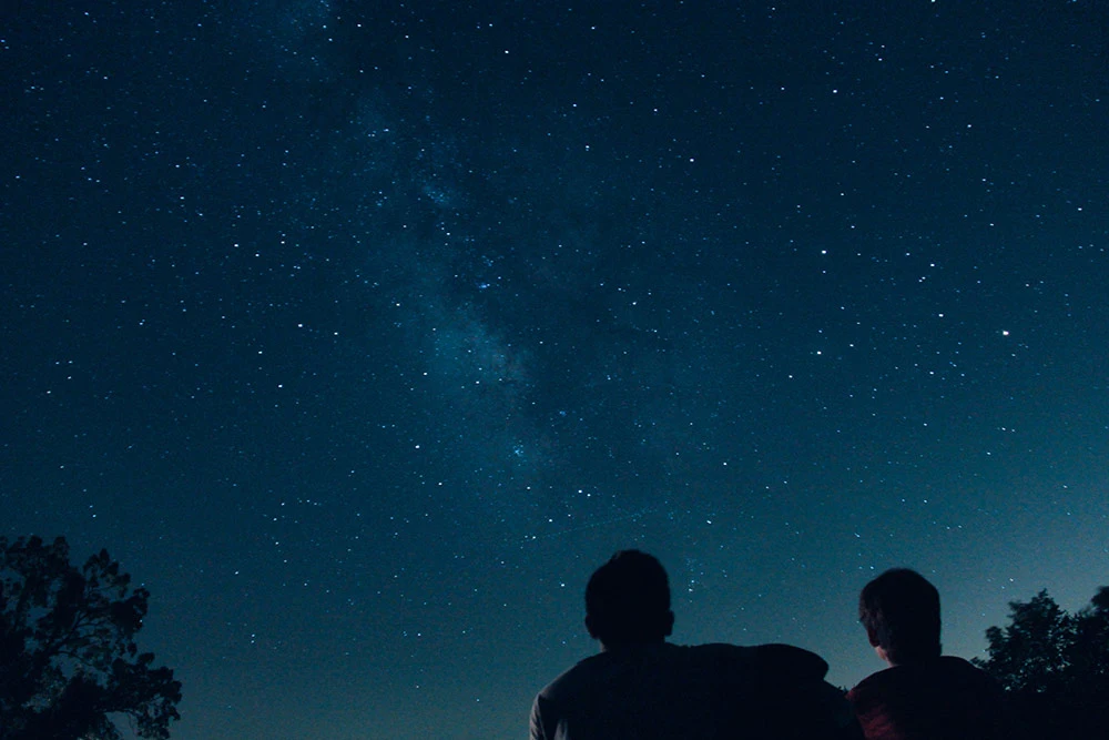 stargazing couple looking into sky